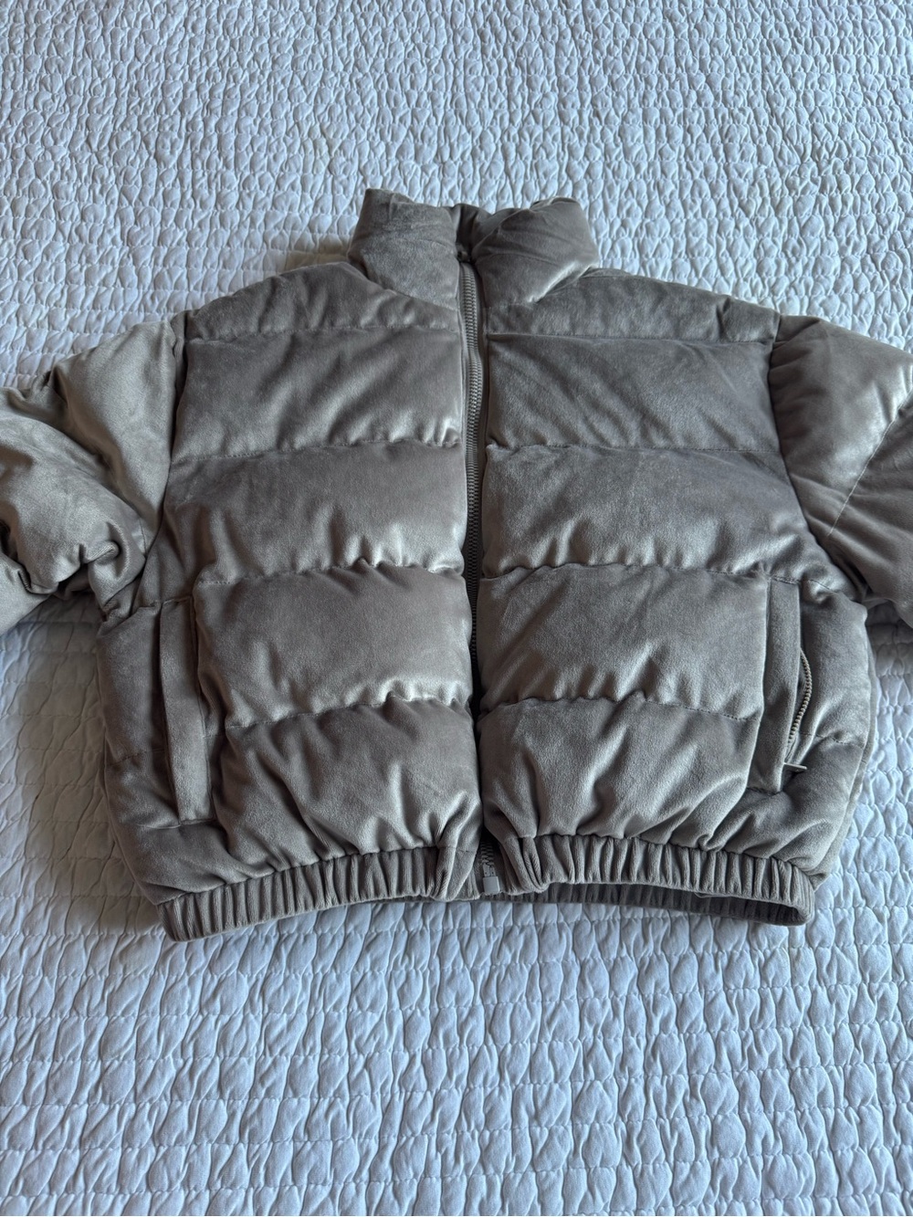 Sacre Taupe Velour/Velvet Cropped Puffer Jacket